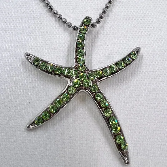 Green Jeweled Starfish Pendant Silver Tone 16” Ball Chain Necklace - Picture 5 of 7